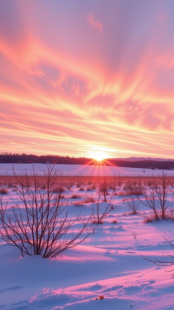 Kolorowe niebo zachodzącego słońca nad ośnieżonymi polami