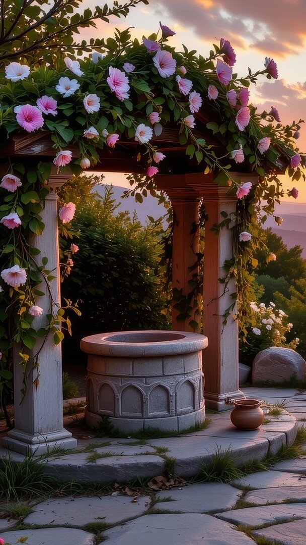 Kolorowe pnące kwiaty na kamiennym łuku