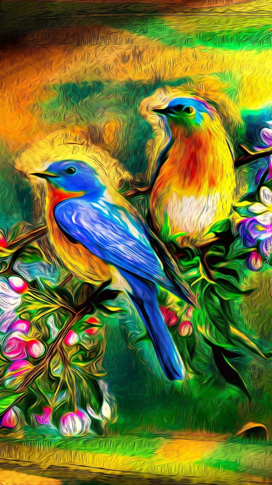 Kolorowe ptaki na gałązce