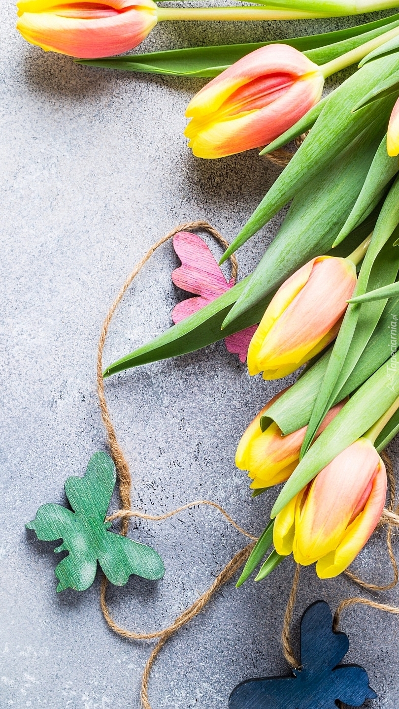 Kolorowe tulipany z drewnianymi motylkami