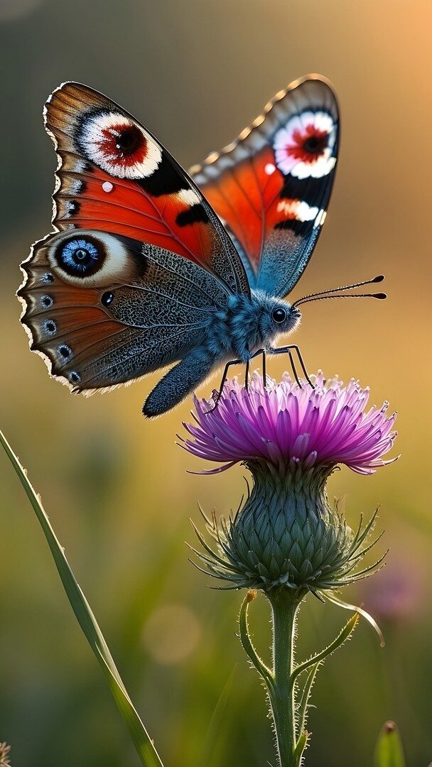 Kolorowy motyl na fioletowym ostrożeniu