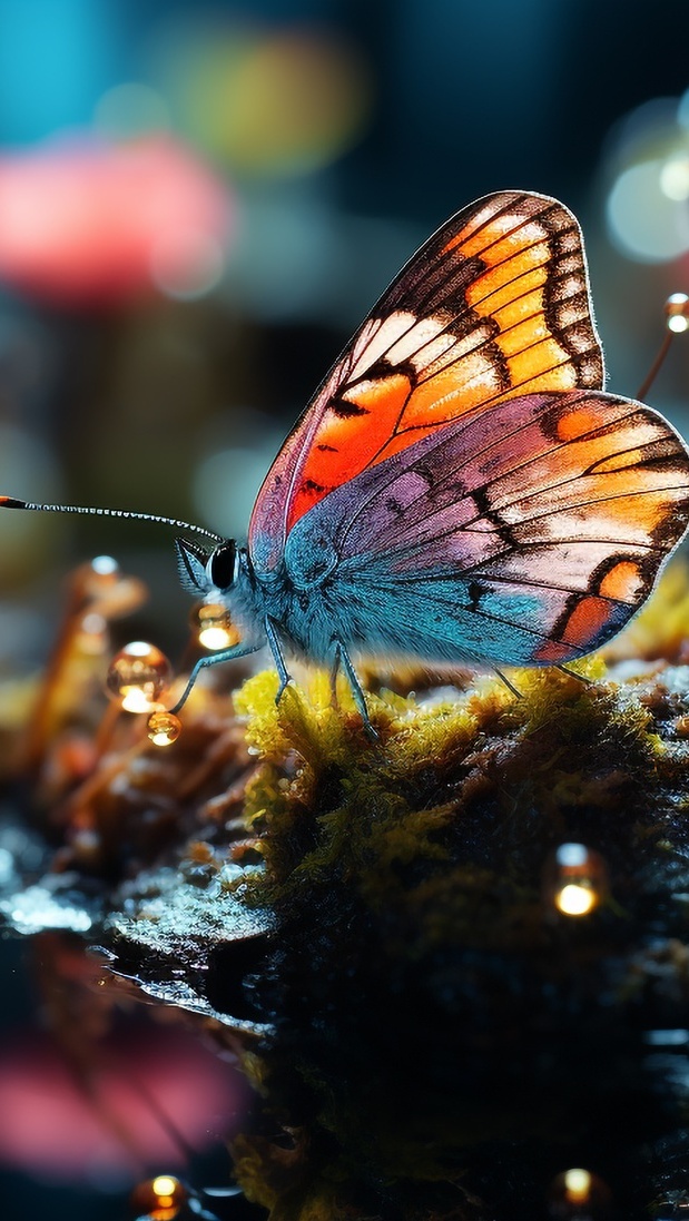 Kolorowy motyl na omszałym kamieniu