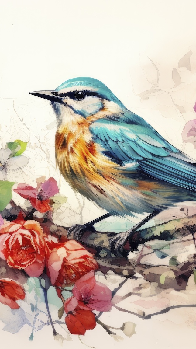 Kolorowy ptak i kwiaty na gałązce