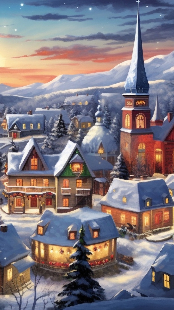 Kościół i oświetlone domy zimową porą