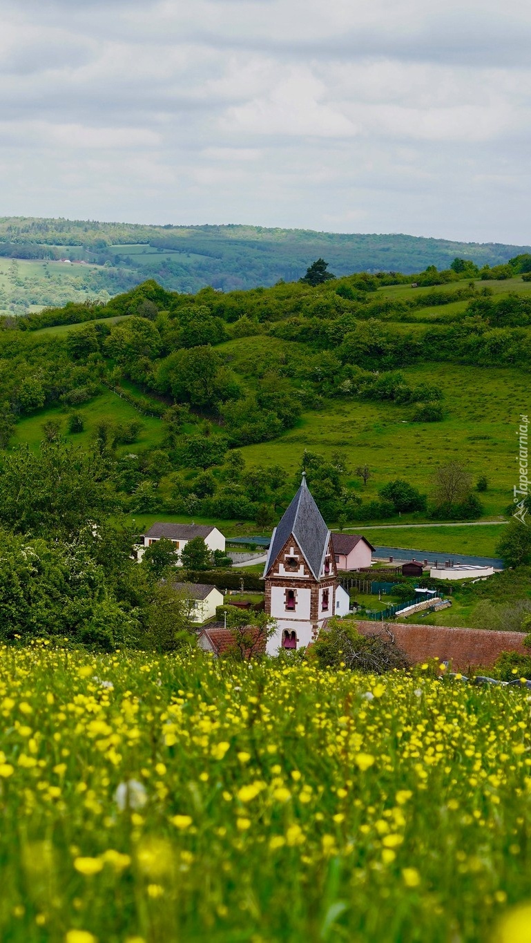 Kościół na tle zielonych wzgórz