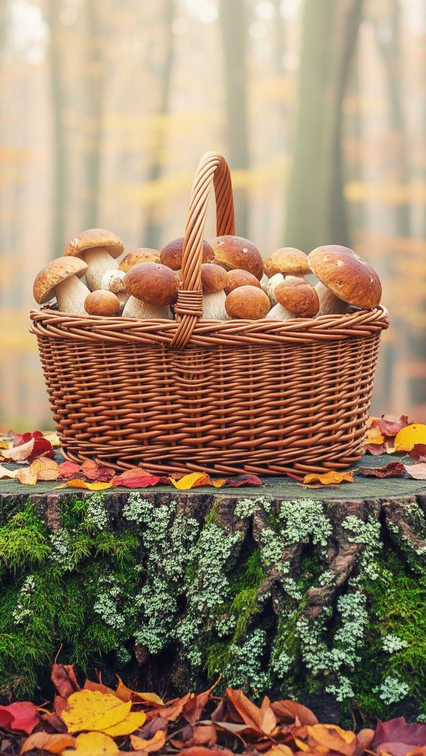 Kosz pełen grzybów na omszałym pniaku