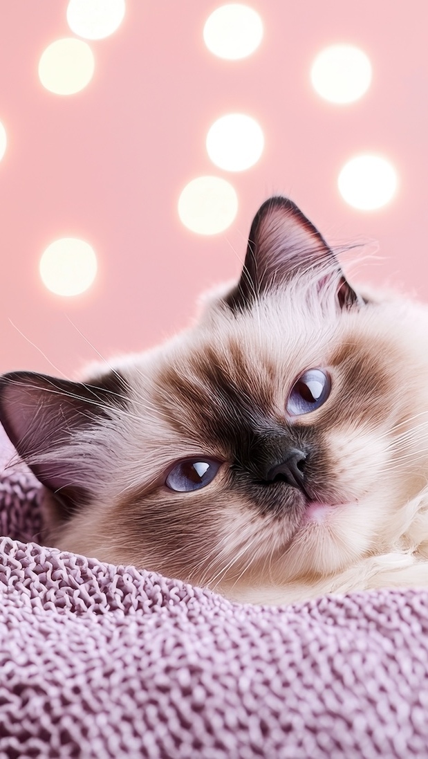 Kot ragdoll leżący na kocu