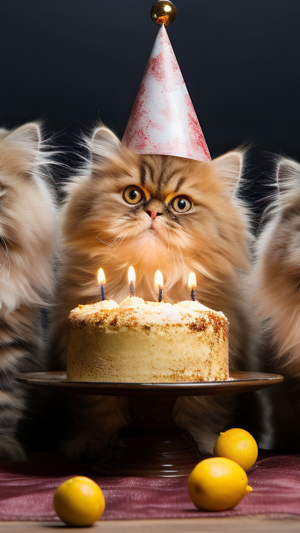 Kot w czapce przed tortem urodzinowym