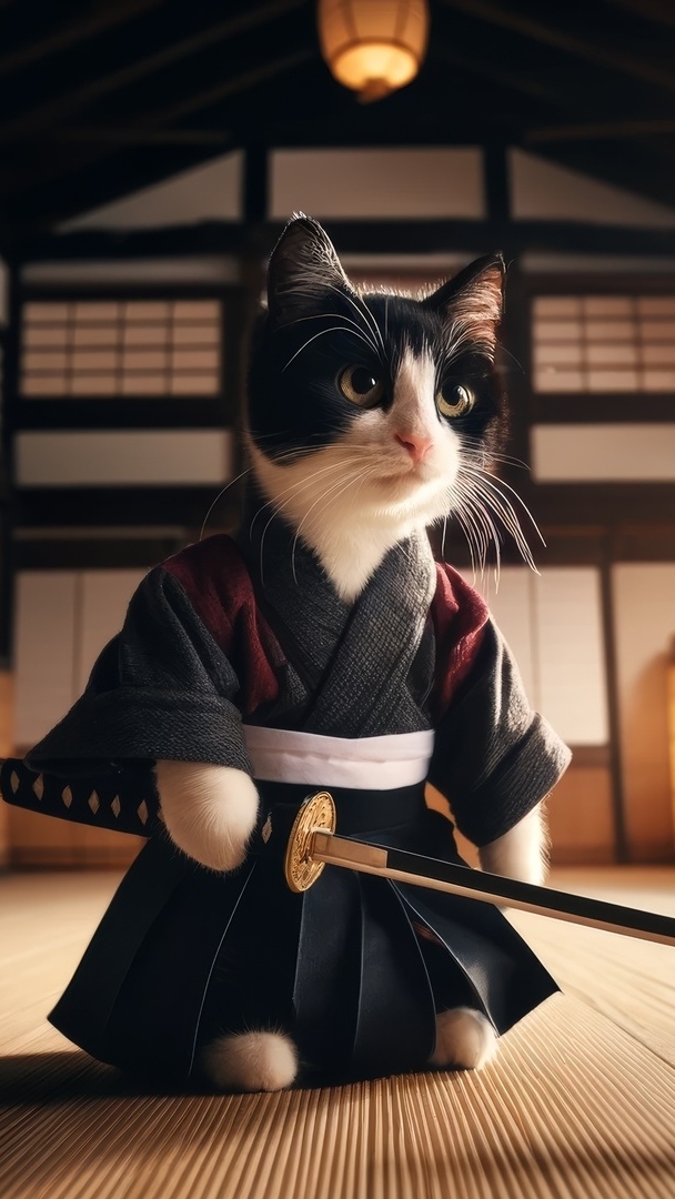 Kot w stroju samuraja z mieczem