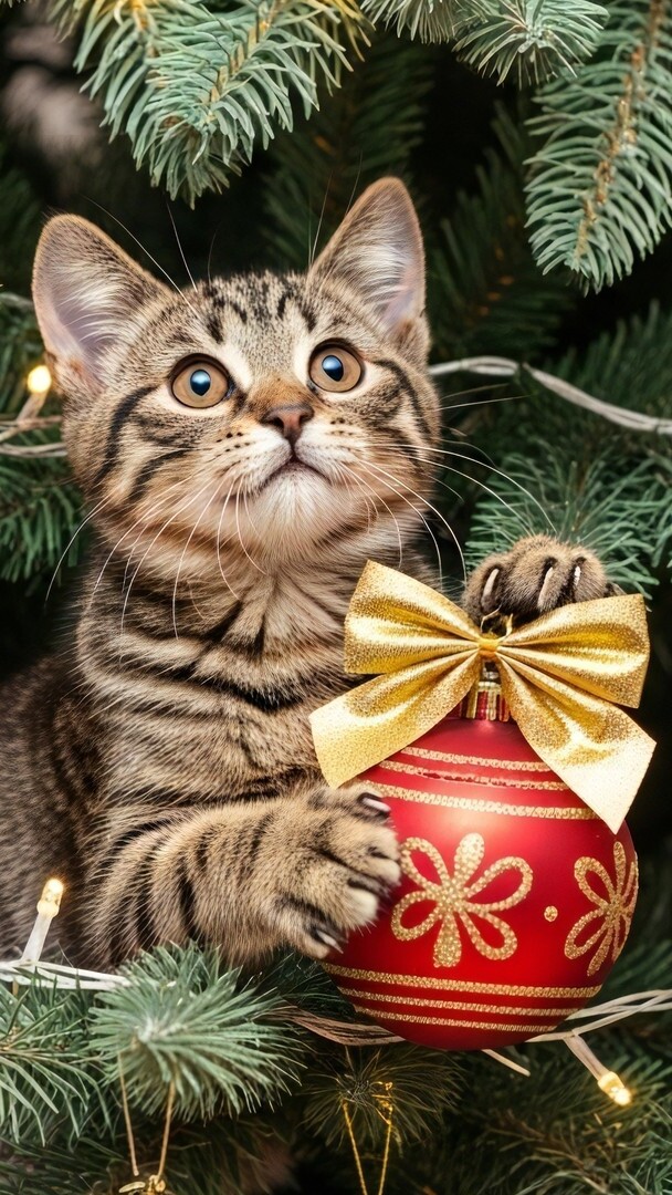 Kot z czerwoną bombką wśród gałązek na choince