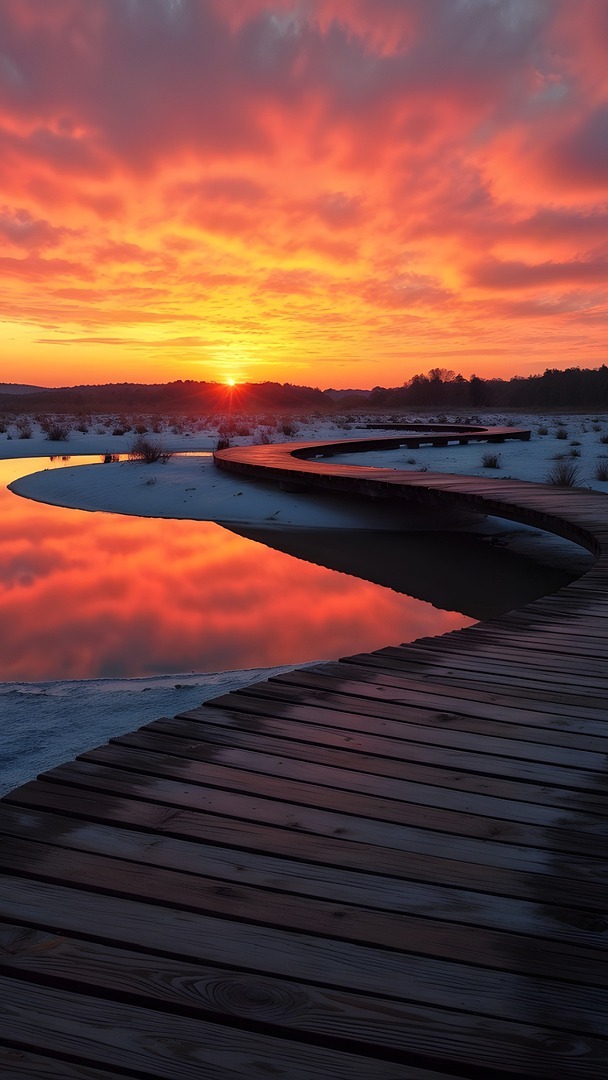 Kręty pomost nad brzegiem jeziora o zachodzie słońca zimową porą