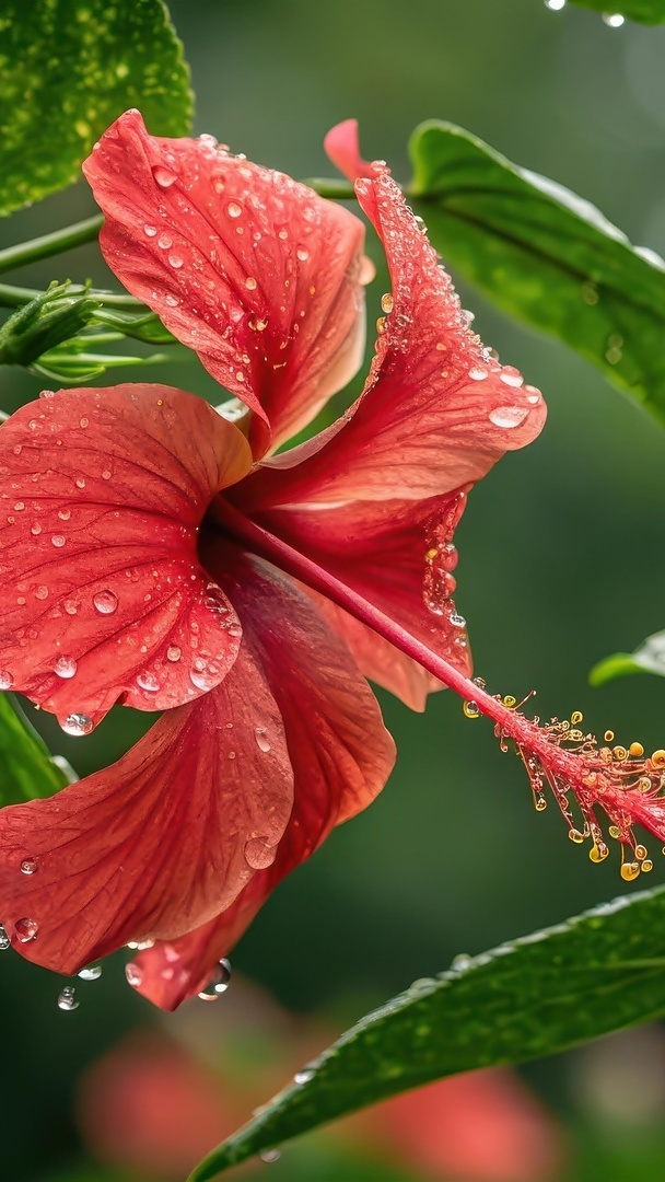 Krople na czerwonym kwiatku hibiskusa