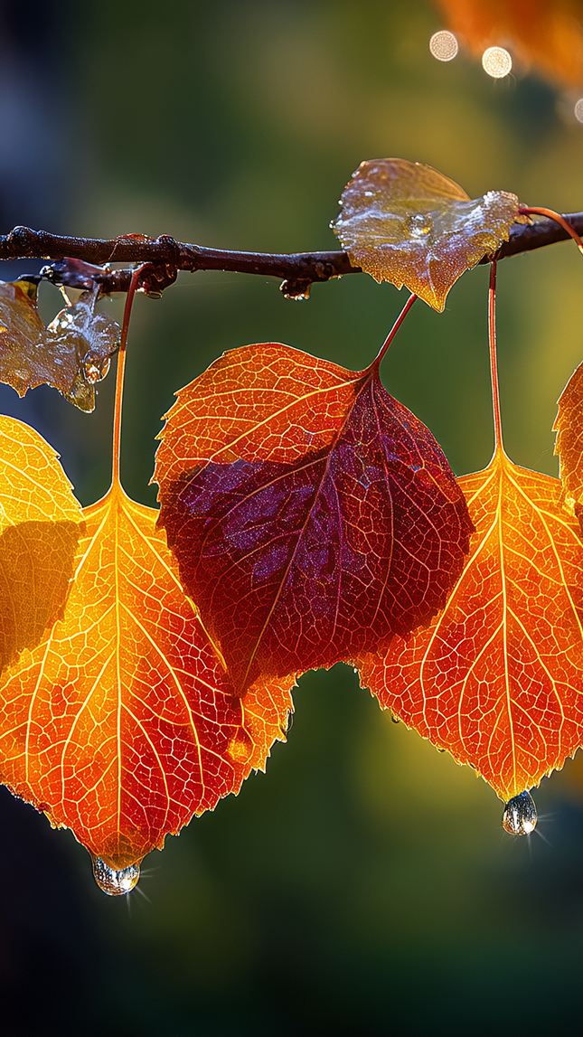 Krople na jesiennych liściach na gałązce