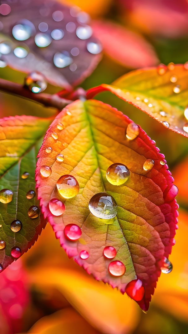 Krople na kolorowych jesiennych liściach w zbliżeniu