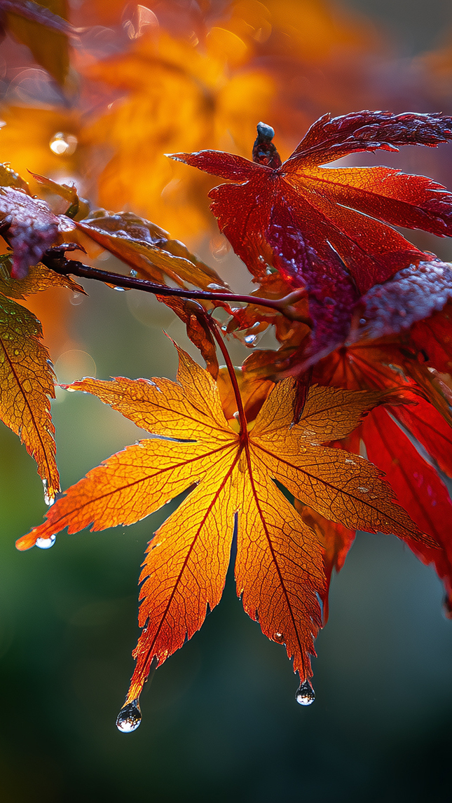 Krople na kolorowych liściach klonu palmowego