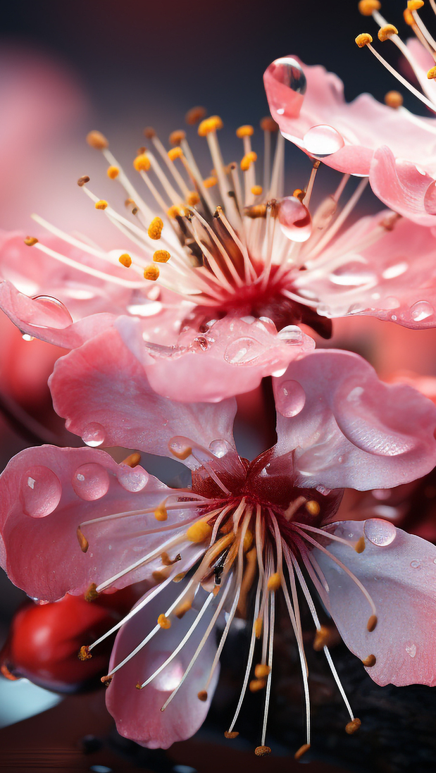 Krople na różowych kwiatach drzewa owocowego