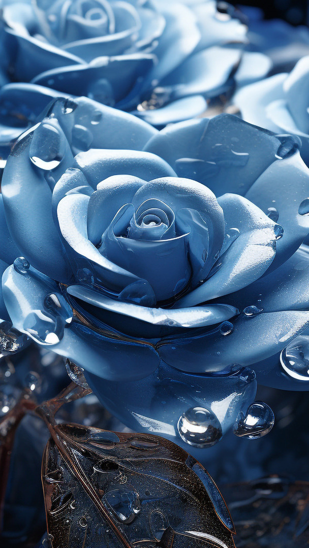Krople wody i niebieskie róże