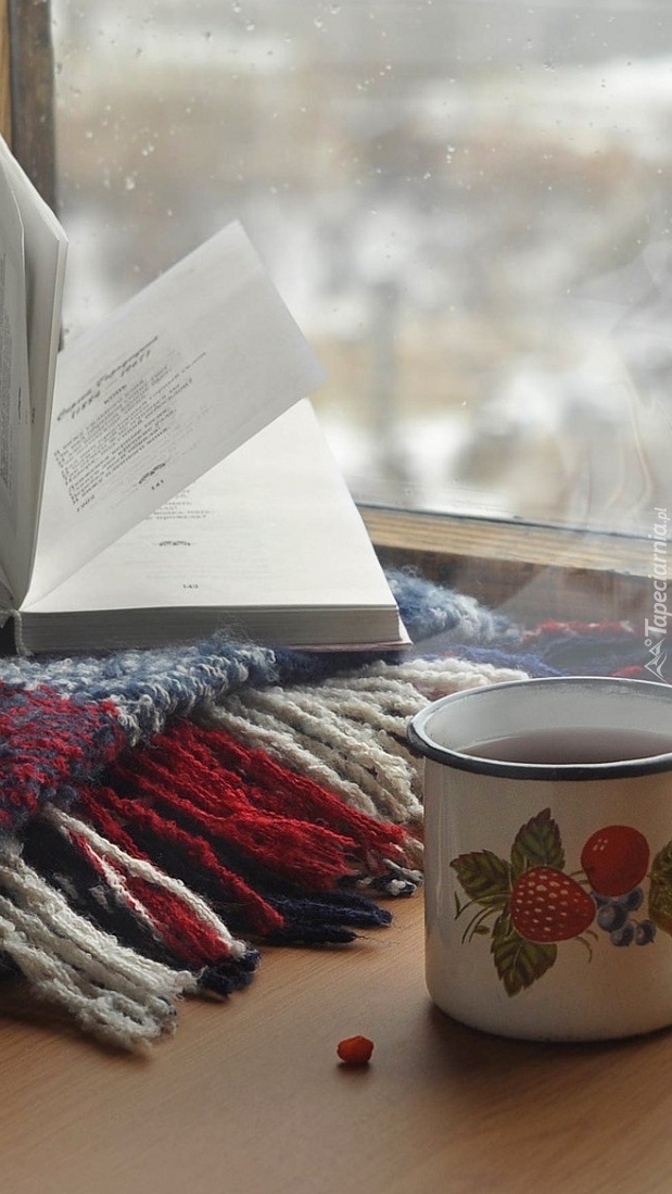 Książka i kubek herbaty przy oknie