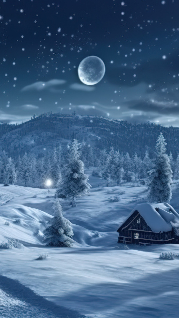 Księżyc i gwiazdy nad ośnieżonym domem i drzewami