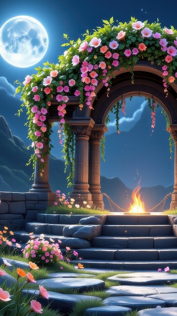 Księżyc nad kamiennym łukiem ozdobionym kwiatami