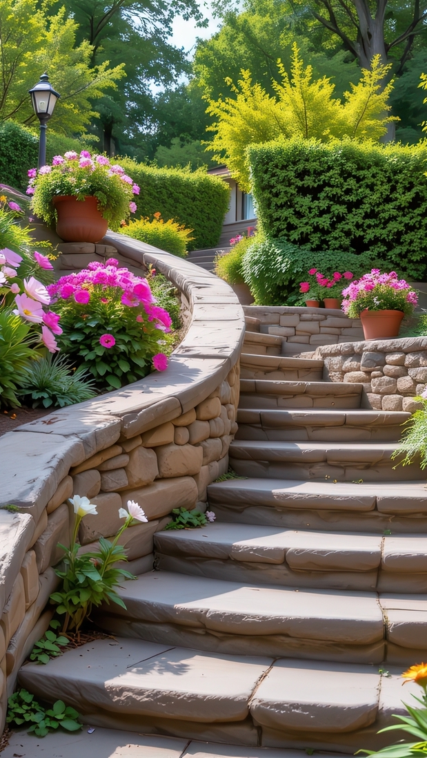 Kwiaty i krzewy przy kamiennych schodach