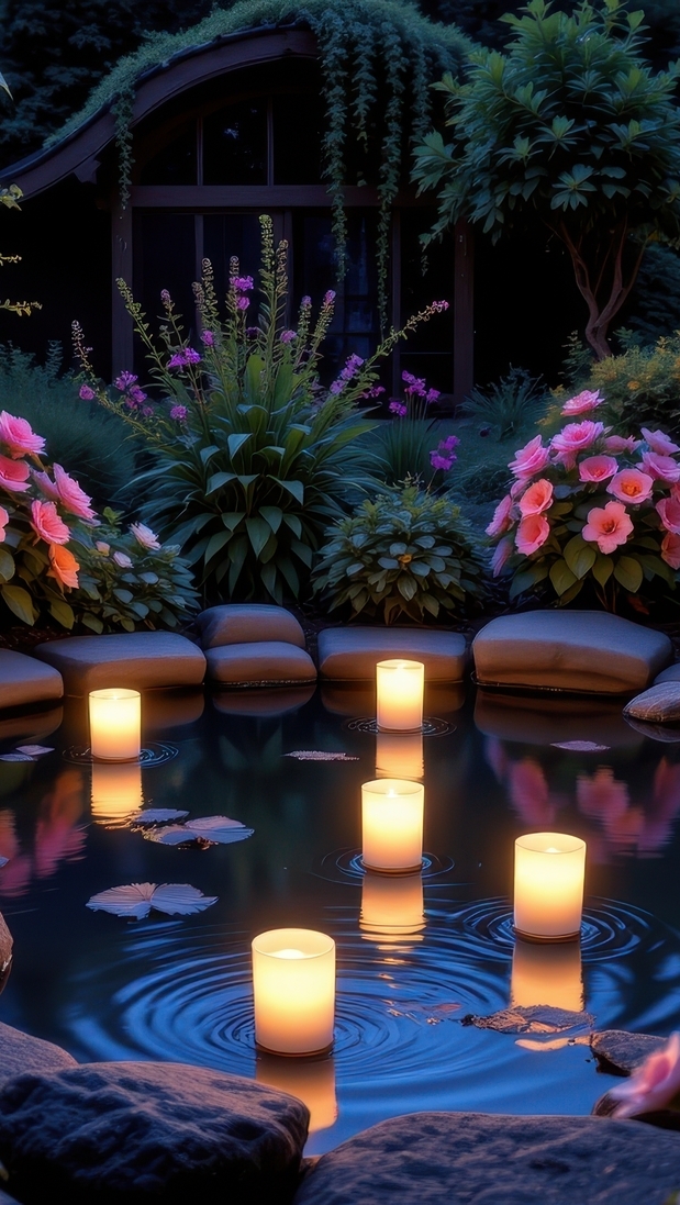 Kwiaty i zapalone świece na oczku wodnym w ogrodzie