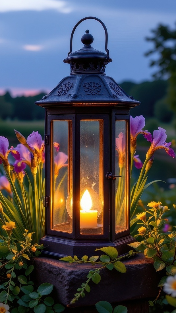 Kwiaty i zapalony lampion na kamieniu