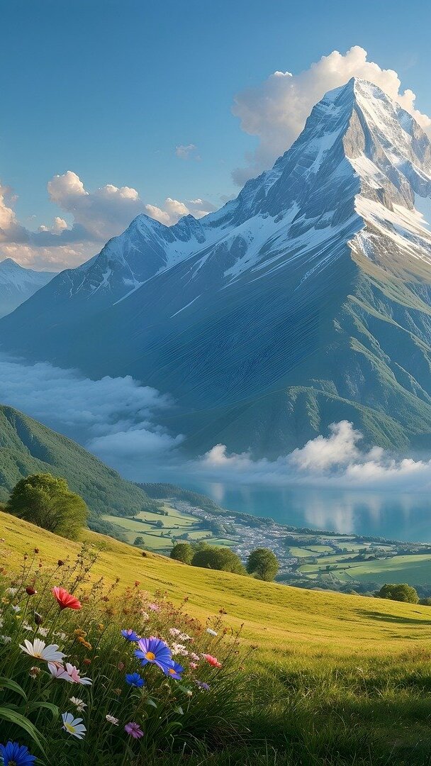 Kwiaty na wzgórzu nad jeziorem z widokiem na ośnieżone góry