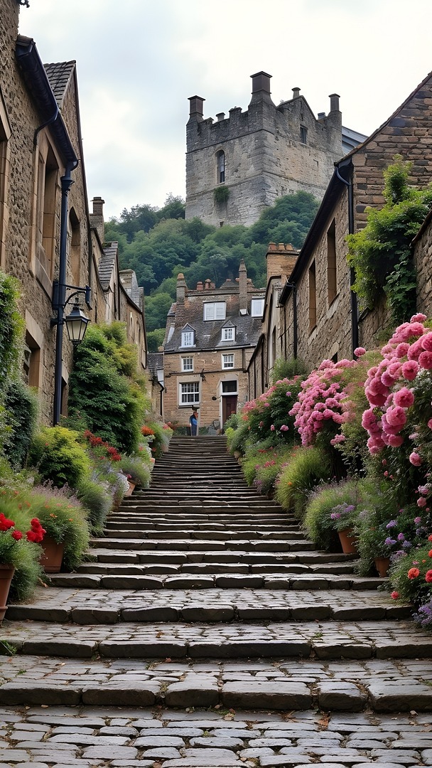 Kwiaty obok domów przy brukowanych schodach