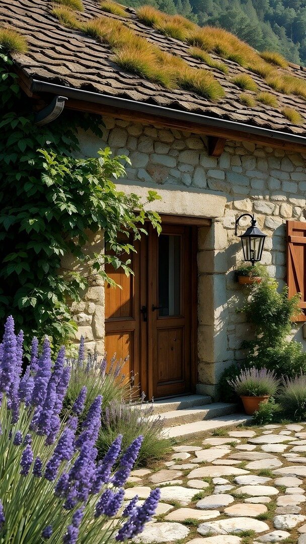 Kwiaty obok kamiennego domu