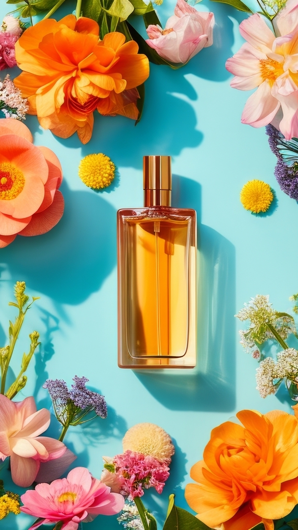 Kwiaty wokół flakonu z perfumami