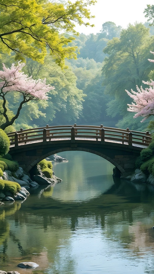 Kwitnące drzewa przy mostku nad rzeką