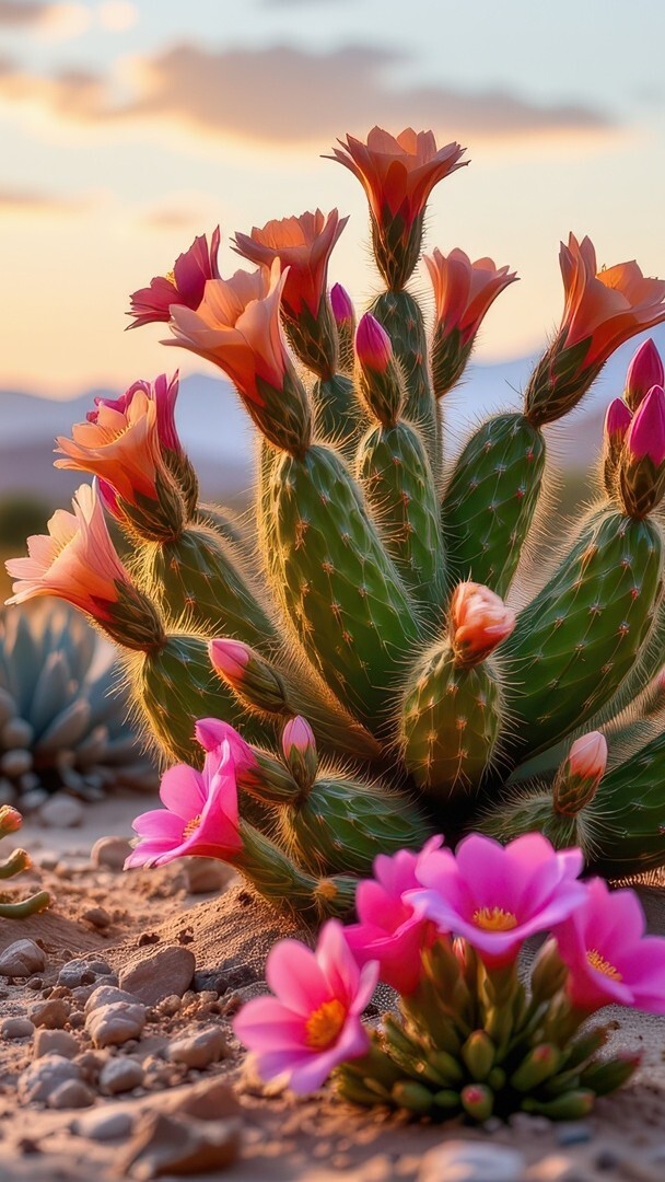Kwitnące na różowo kaktusy na piasku