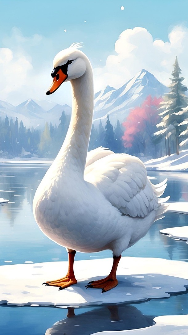 Łabędź na śniegu na rzece i góry w oddali