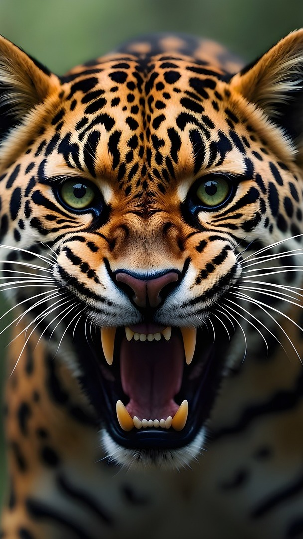 Lampart z otwartą paszczą w zbliżeniu