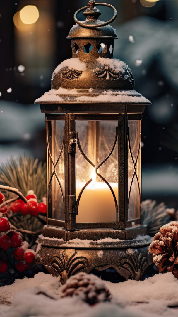 Lampion i ośnieżone szyszki na śniegu