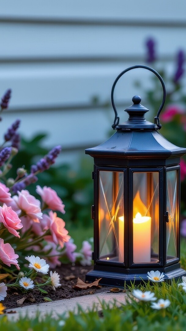 Lampion z zapaloną świecą obok różowych kwiatów w ogrodzie