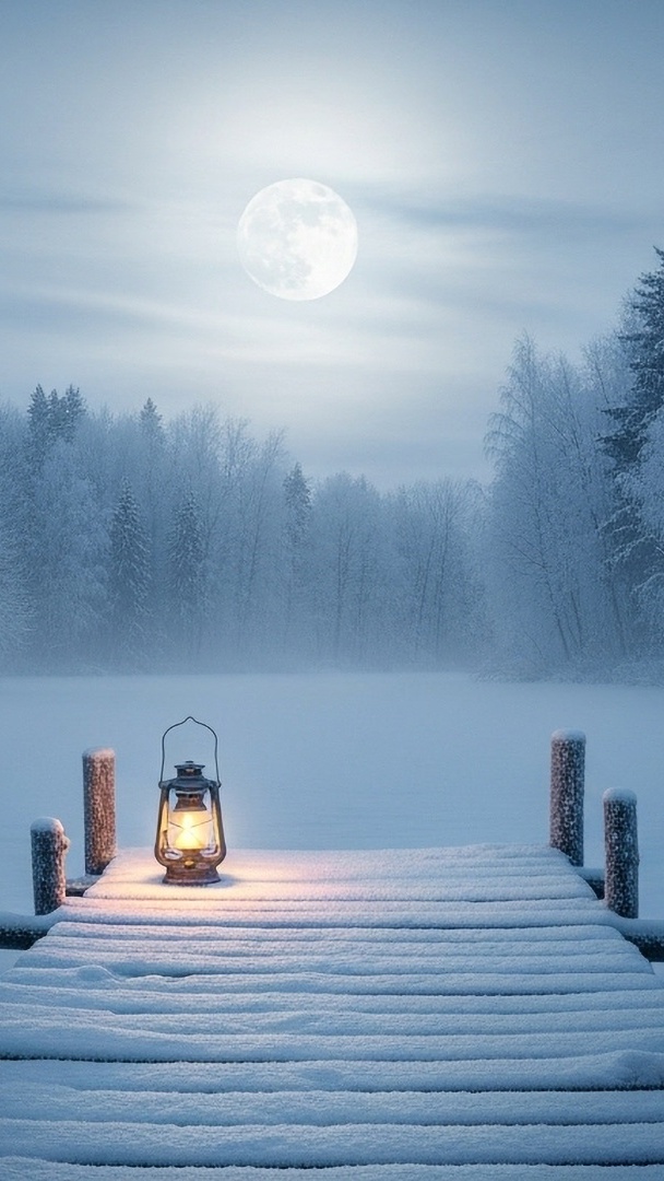 Latarnia na ośnieżonym pomoście nad jeziorem