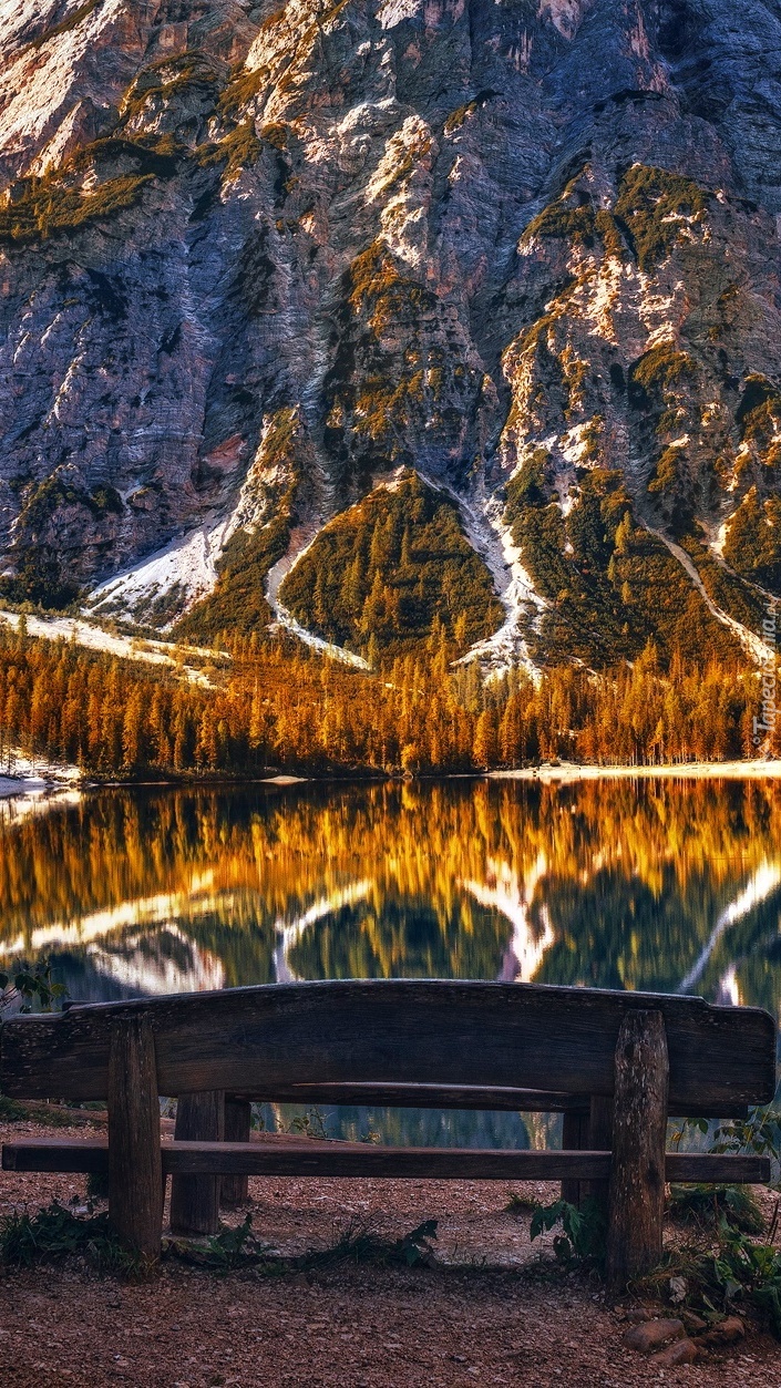 Ławka nad jeziorem Pragser Wildsee