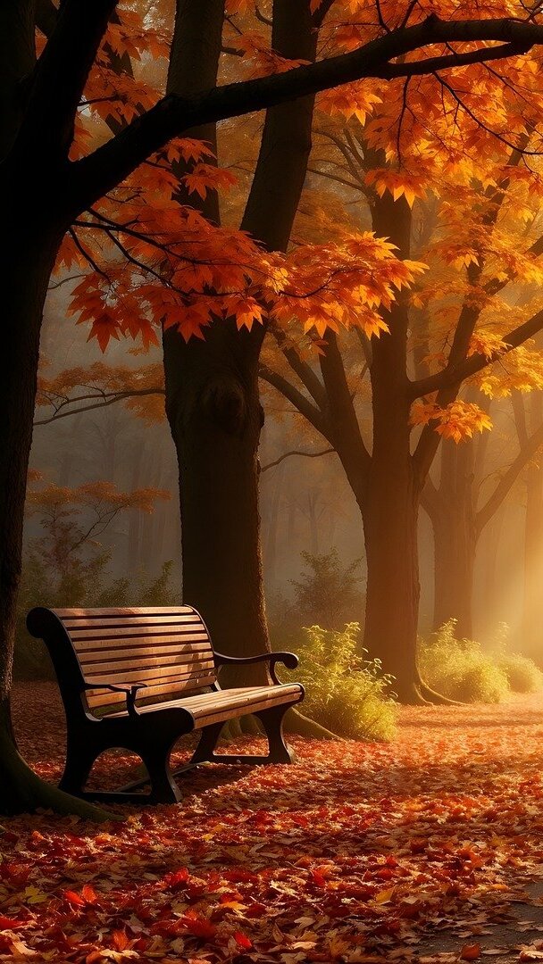 Ławka pod jesiennymi drzewami w parku