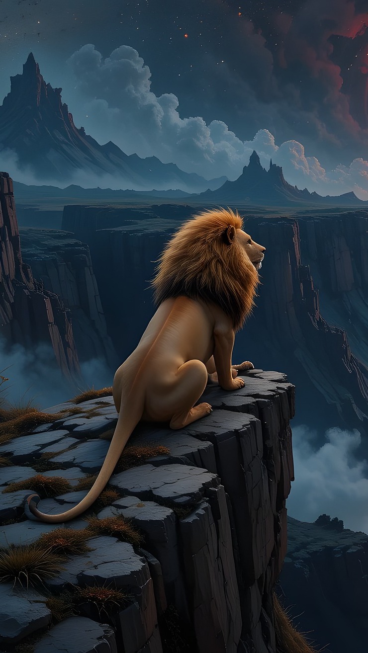 Lew na skale nad kanionem nocną porą