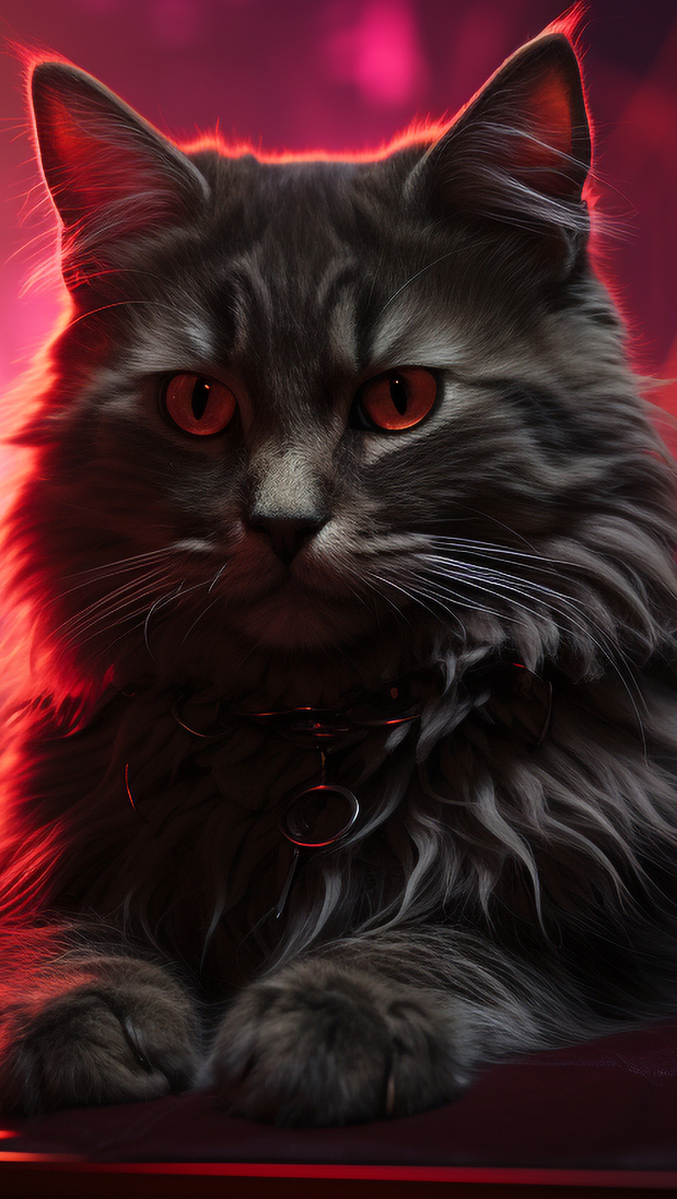 Leżący ciemnoszary kot z czerwonymi oczami