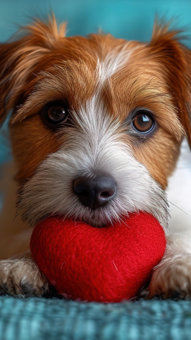 Leżący Jack Russell terrier z mordką opartą o czerwone serduszko