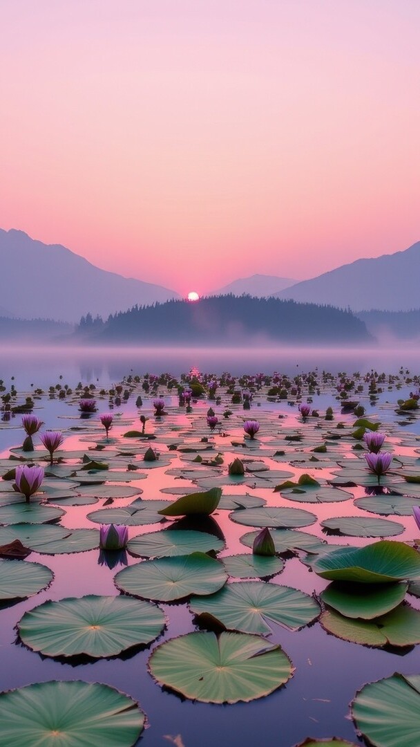 Liście i różowe lilie wodne na zamglonym jeziorze o wschodzie słońca