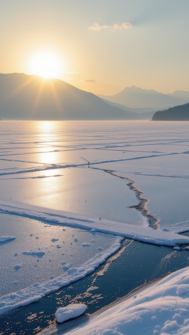 Lód na jeziorze w słonecznym blasku