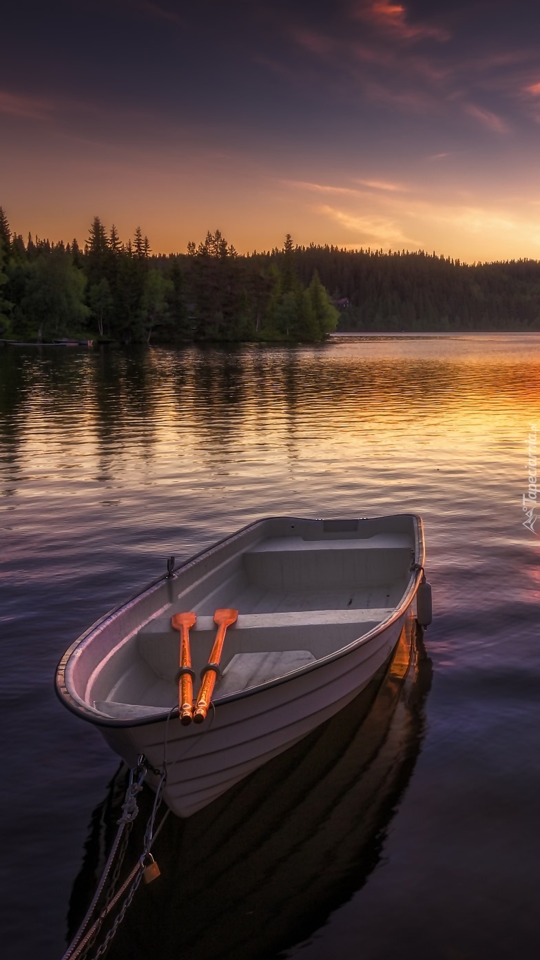 Łódka i zachód słońca nad jeziorem