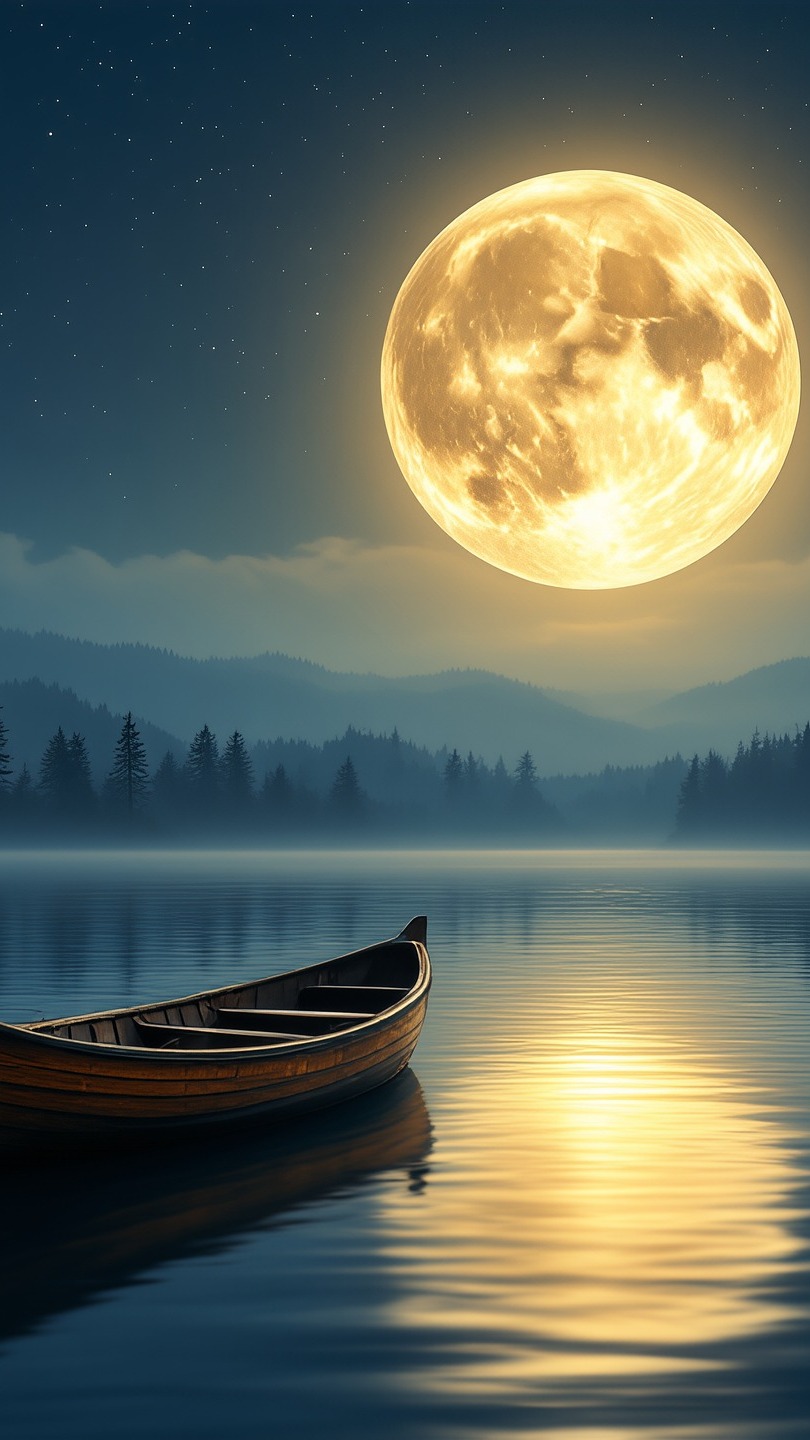 Łódka na jeziorze w blasku księżyca