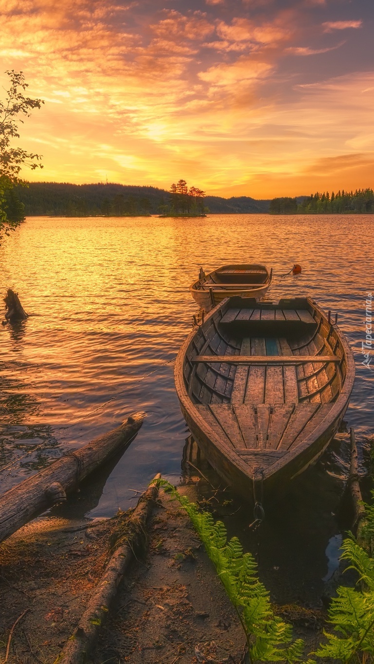 Łódki nad brzegiem  jeziora