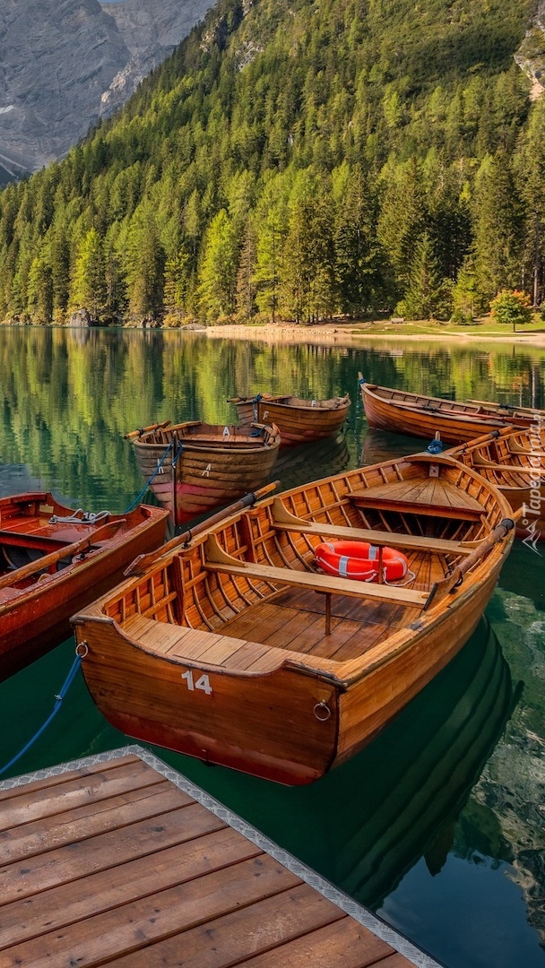 Łodzie przy pomoście na jeziorze Lago di Braies