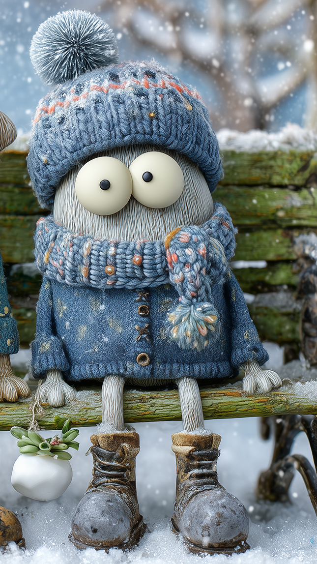 Ludzik w czapce i szaliku siedzący na ośnieżonej ławce